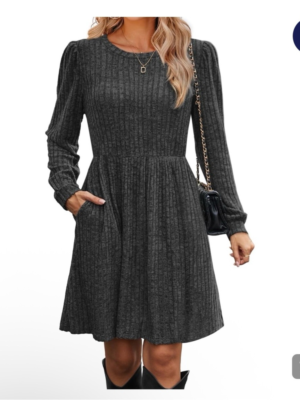 Ofeefan Long Sleeve Ribbed Fit & Flare Dress in Charcoal